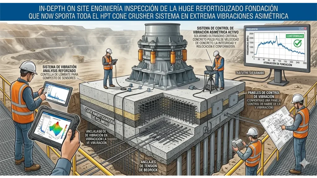 Inspección de ingeniería de una enorme base de hormigón armado asegurando una trituradora de cono HPT contra vibraciones asimétricas extremas.